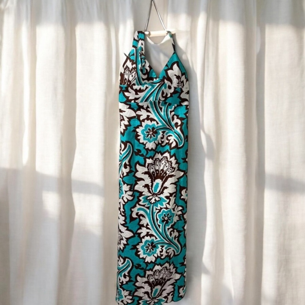Milly Floral Halter Dress in Teal and Brown cotton